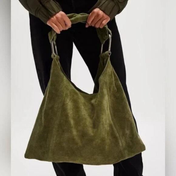 Free People NWT Bobbi Slouch Suede Leather Tote Bag Khaki Color - Picture 1 of 5
